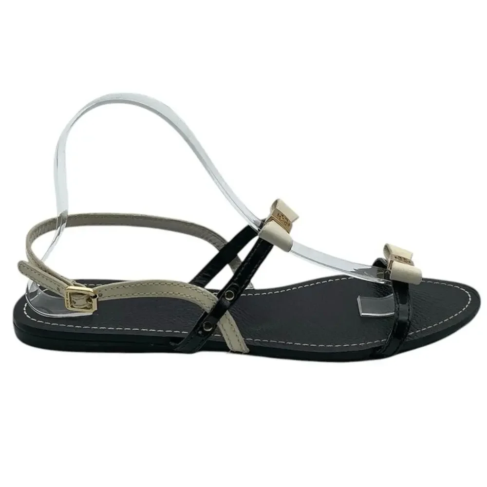 Tory Burch Kailey Bow Strappy Sandal Leather Black Cream Logo 10‎